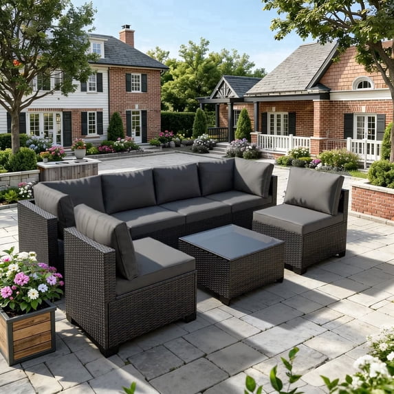Patio Furniture Set 7 Piece - All-Weather - Wicker Rattan Patio Outdoor Conversation Set, Modular Sectional Sofa for Backyard, Garden, Poolside, Balcony, Porch, Patio,Brown/Dark Gray