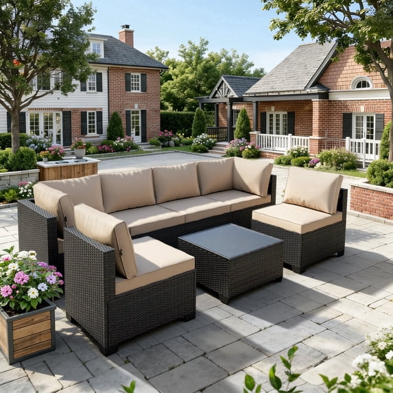 Patio Furniture Set 7 Piece - All-Weather - Wicker Rattan Patio Outdoor Conversation Set, Modular Sectional Sofa for Backyard, Garden, Poolside, Balcony, Porch, Patio,Brown/Khaki