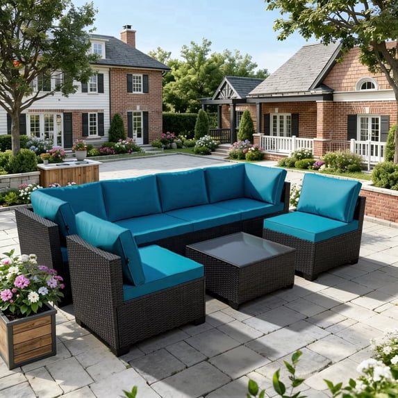 Patio Furniture Set 7 Piece - All-Weather - Wicker Rattan Patio Outdoor Conversation Set, Modular Sectional Sofa for Backyard, Garden, Poolside, Balcony, Porch, Patio,Brown/Peacock Blue