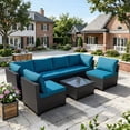 thumbnail image 1 of Patio Furniture Set 7 Piece - All-Weather - Wicker Rattan Patio Outdoor Conversation Set, Modular Sectional Sofa for Backyard, Garden, Poolside, Balcony, Porch, Patio,Black/Peacock Blue, 1 of 6