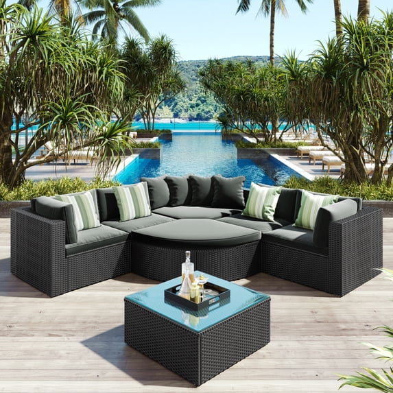 7 Piece Patio Furniture Set, Outdoor All Weather PE Wicker Sectional Sofa Set with Pillows, Cushioned Conversation Chair Set with Coffee Table, for Backyard, Poolside, Garden, Balcony, D6718