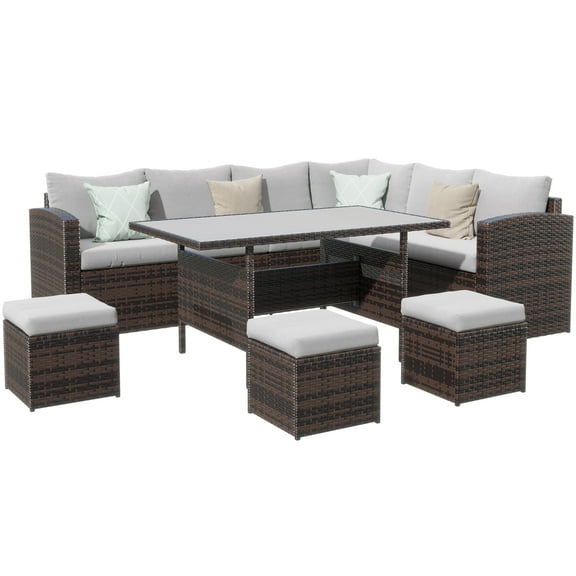 Patio Furniture Set, 7 Piece Outdoor Wicker Patio Furniture with High Curved Back Dining Sectional Sofa, Dining Table, Ottomans and Cushions, All Weather Conversation Set, Grey