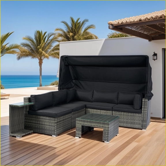 Patio Furniture Set 7-Piece Wicker Sectional with Retractable Canopy, Washable Cushions for Outdoor Use, Charcoal Gray Wicker + Black Cushion | Black+Grey | PE Rattan+Iron+Waterproof Fabric