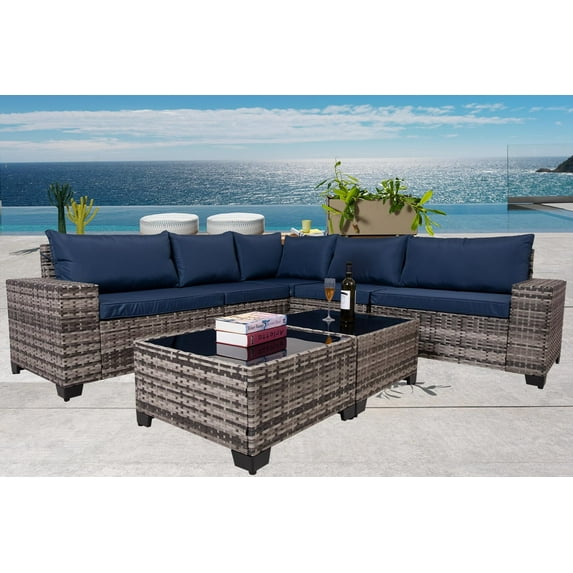 Patio Furniture Set, 7 Pieces Outdoor Patio Furniture with 2 Dining Table & Chair, All Weather Wicker Conversation Set, Gray Rattan & Navy Cushion