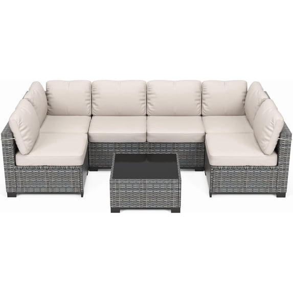 Patio Furniture Set, 7 Pieces Outdoor Sectional Sofa Set with Dining Table & Thickened Cushions, All-Weather PE Wicker Patio Furniture for Garden Lawn Deck
