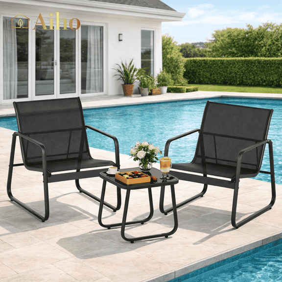 3 Pieces Outdoor Bistro Set, Aiho Patio Furniture Set with Glass Table, Patio Chairs Set for Yard, Lawn, Poolside, Black
