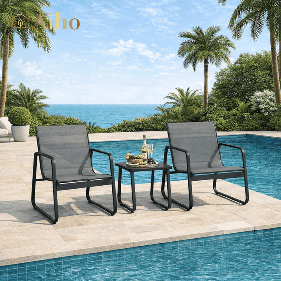 3 Pieces Outdoor Bistro Set, Aiho Patio Furniture Set with Glass Table, Patio Chairs Set for Yard, Lawn, Poolside, Gray