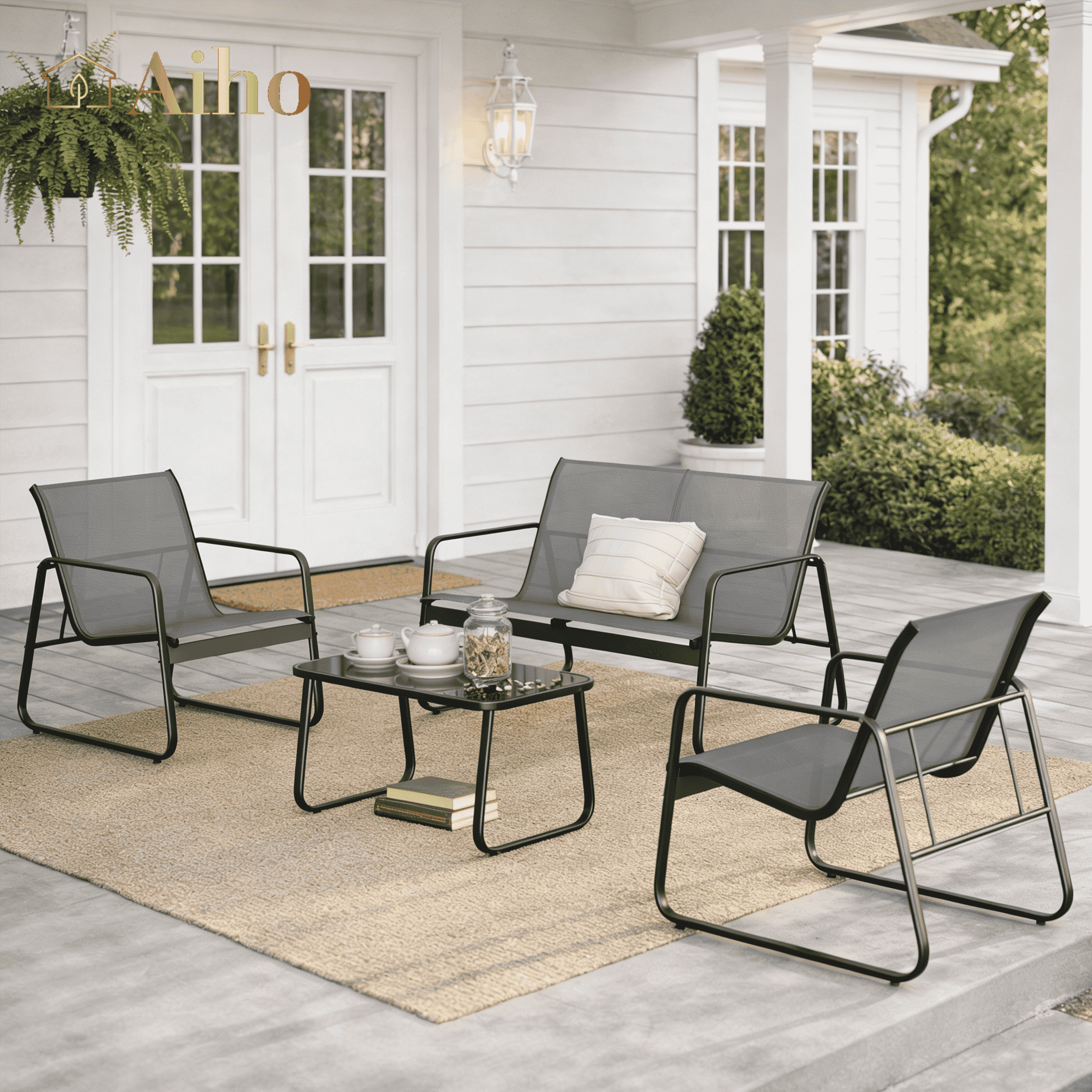 Outdoor Chairs Set of 4, Aiho All Weather Textilene Patio Furniture Set with Grass Top Table, Perfect for Yard, Poolside, Lawn, Gray