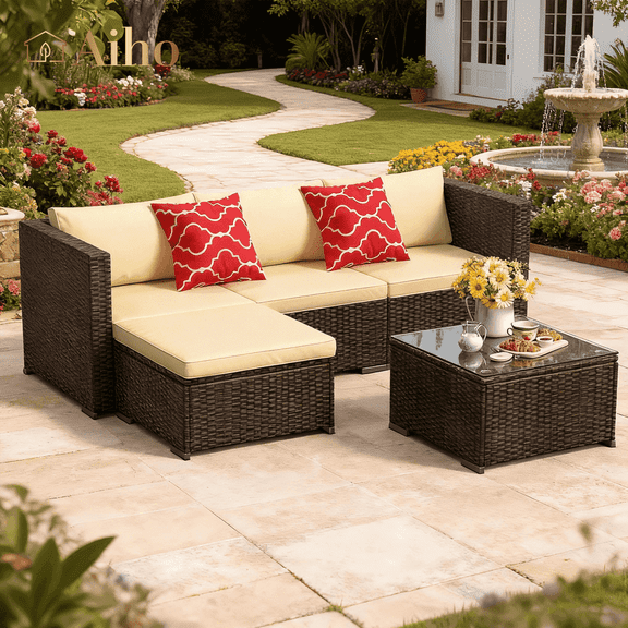 Patio Furniture Set, Aiho 5 Pieces Wicker Outdoor Sectional Sofa with Glass Coffee Table & Soft Cushions for Patio, Backyard, Beige