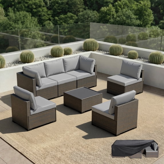 Patio Furniture Set - All-Weather - 7 Piece Patio Outdoor Conversation Set, Modular Wicker Rattan Sectional Sofa for Backyard, Garden, Poolside, Balcony, Porch, Patio, Brown/Light Gray