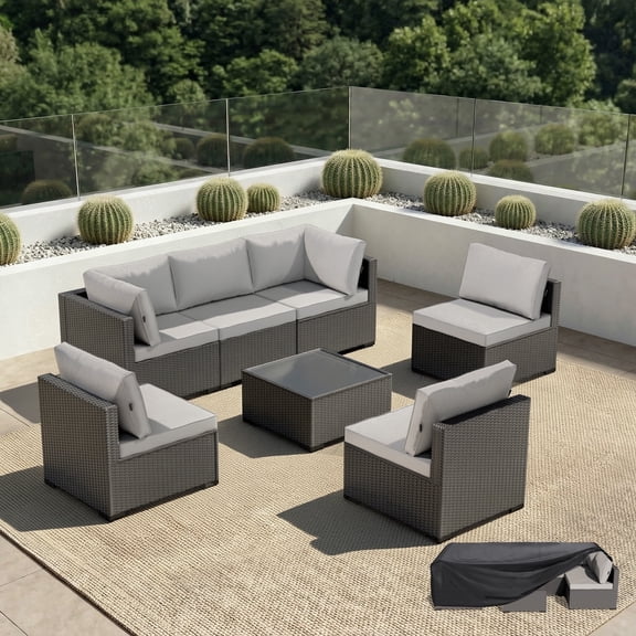 Patio Furniture Set - All-Weather - 7 Piece Patio Outdoor Conversation Set, Modular Wicker Rattan Sectional Sofa for Backyard, Garden, Poolside, Balcony, Porch, Patio, Black/Light Gray