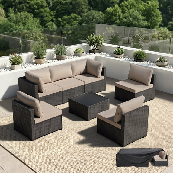 Patio Furniture Set - All-Weather - 7 Piece Patio Outdoor Conversation Set, Modular Wicker Rattan Sectional Sofa for Backyard, Garden, Poolside, Balcony, Porch, Patio, Black/Khaki