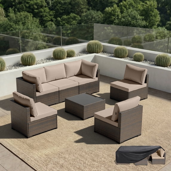 Patio Furniture Set - All-Weather - 7 Piece Patio Outdoor Conversation Set, Modular Wicker Rattan Sectional Sofa for Backyard, Garden, Poolside, Balcony, Porch, Patio, Brown/Khaki