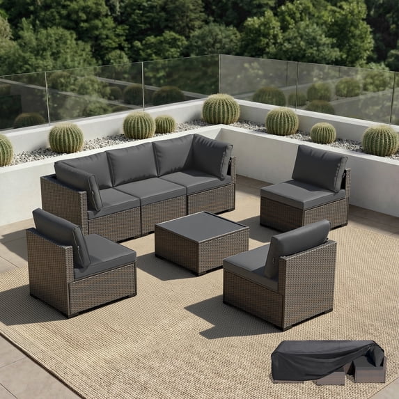 Patio Furniture Set - All-Weather - 7 Piece Patio Outdoor Conversation Set, Modular Wicker Rattan Sectional Sofa for Backyard, Garden, Poolside, Balcony, Porch, Patio, Brown/Dark Gray