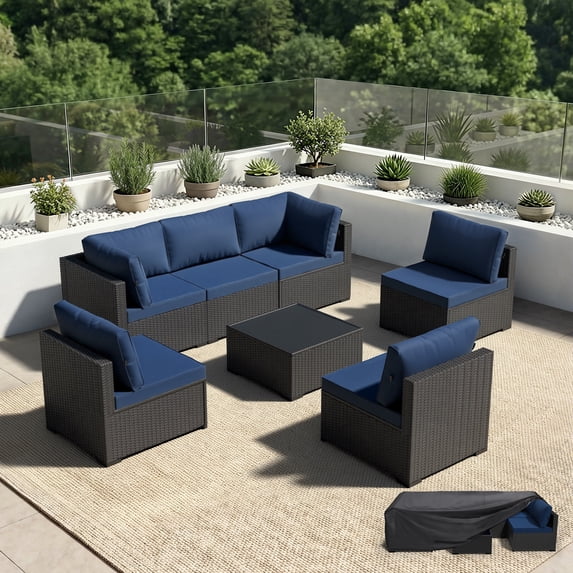 Patio Furniture Set - All-Weather - 7 Piece Patio Outdoor Conversation Set, Modular Wicker Rattan Sectional Sofa for Backyard, Garden, Poolside, Balcony, Porch, Patio, Black/Navy Blue