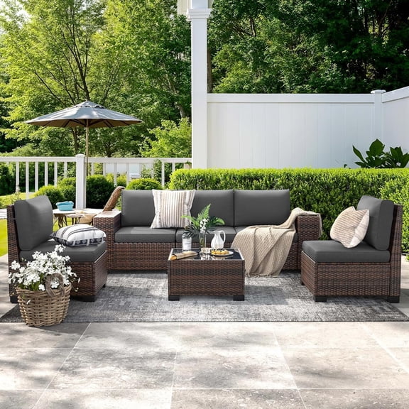 Patio Furniture Set, Ampatio 6-Piece Outdoor Sectional Sofa with Tempered Glass Table for Backyard & Porch, Wicker | Metal | Brown