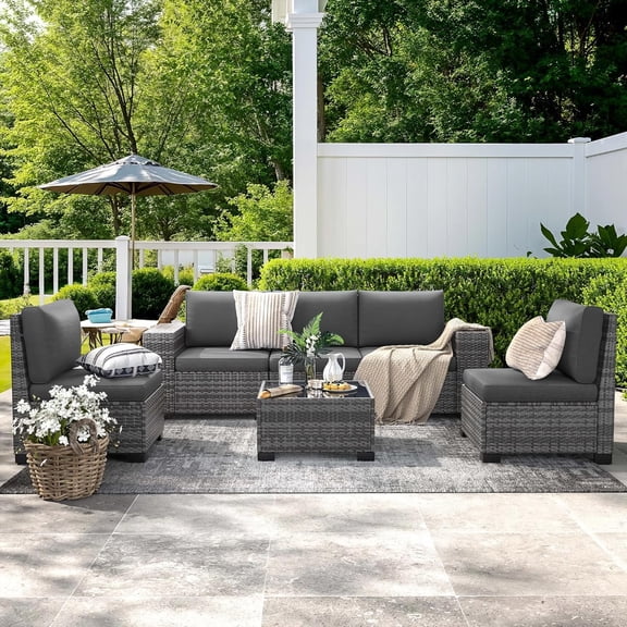 Patio Furniture Set, Ampatio 6-Piece Outdoor Sectional Sofa with Tempered Glass Table for Backyard & Porch, Wicker | Metal | Gray