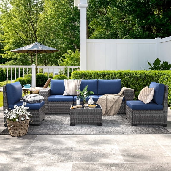 Patio Furniture Set, Ampatio 6-Piece Outdoor Sectional Sofa with Tempered Glass Table for Backyard & Porch, Wicker | Metal | Gray