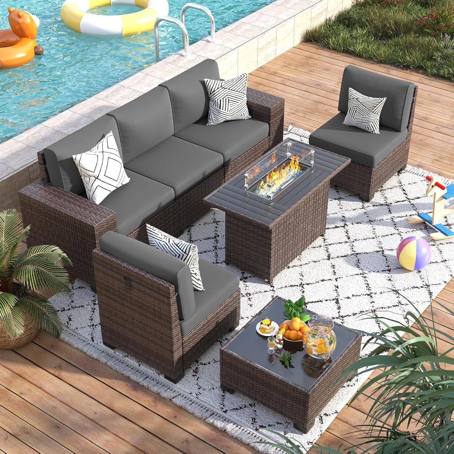 Patio Furniture Set, Ampatio 7-Piece Outdoor Sectional Sofa with Fire Pit Table for Backyard & Porch, Wicker | Metal | Brown