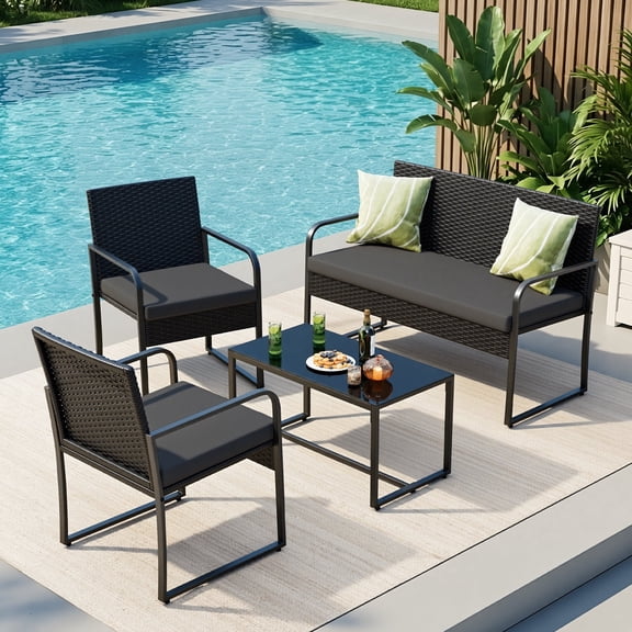 Patio Furniture Set, Asofer 4 Pieces All-Weather Outdoor Rattan Conversation Set with Glass Table for Lawn, Porch, Black