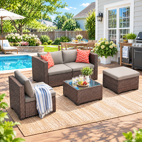 Patio Furniture Set, Asofer 5 Piece Outdoor Conversation Sectionals with Cushions and Tea Table, Gray
