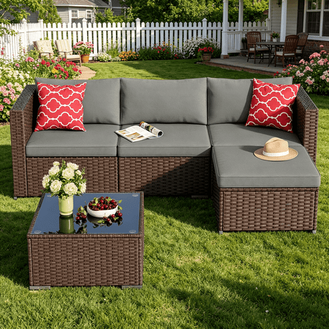 Patio Furniture Set, Asofer  5 Piece Outdoor Conversation Sectionals with Cushions and Tea Table, Gray