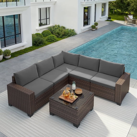 Patio Furniture Set, Asofer 6-PCS Outdoor Sectionals with Rattan Sofa & Thickened Cushions & Coffee Table for Garden, Backyard, Gray