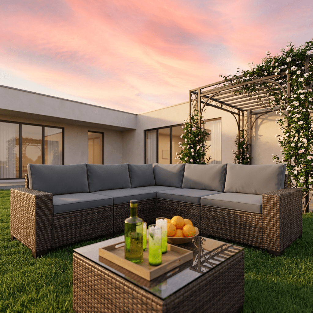Patio Furniture Set on Sale, Asofer 6-PCS Outdoor Sectionals with Rattan Sofa & Thickened Cushions & Coffee Table for Garden, Backyard, Gray