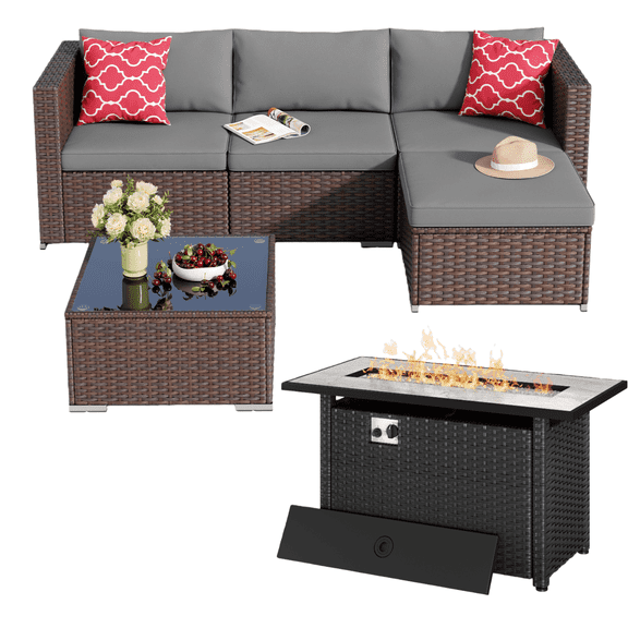 Patio Furniture Set, Asofer 7-Piece Sectional Sofa with Tempered Glass Table for Garden, Backyard, Gray