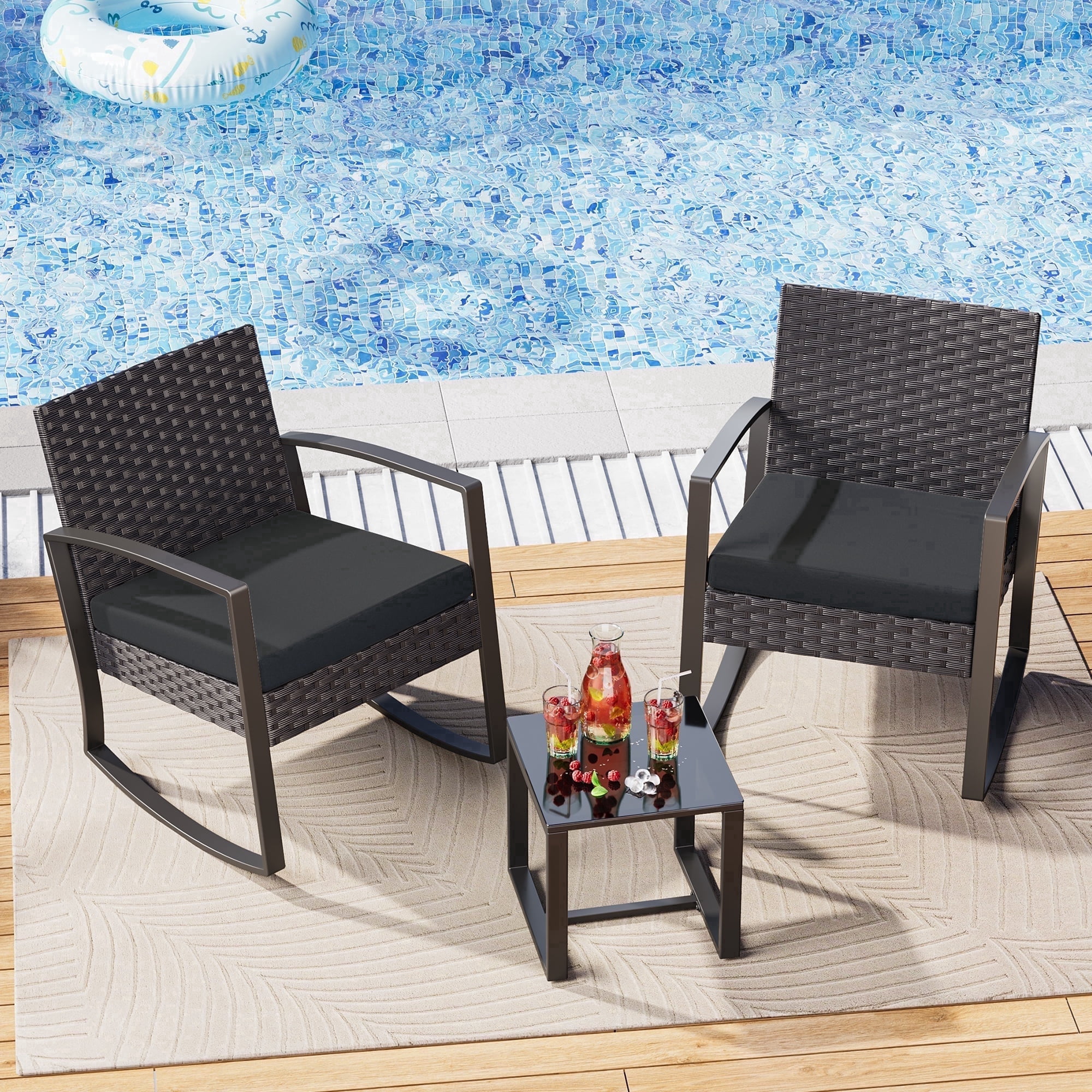 Patio Furniture Set, Asofer Rocking Wicker Chair with Soft Cushion and Coffee Table, for Garden, Balcony, Backyard, Black