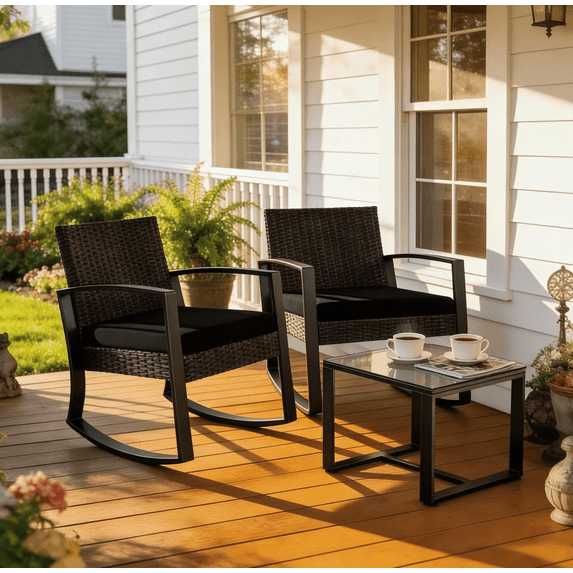 Lofka 3 Piece Patio Furniture Set, All Weather Wicker Outdoor Rocking Chair Set with Thick Soft Cushions and Tempered Glass Coffee Table, Outdoor Seating Set for Backyard Balcony Porch Garden, Black