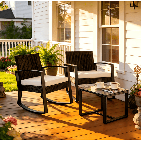 Lofka 3 Piece Patio Furniture Set, All Weather Wicker Outdoor Rocking Chair Set with Thick Soft Cushions and Tempered Glass Coffee Table, Outdoor Seating Set for Backyard Balcony Porch Garden, Beige