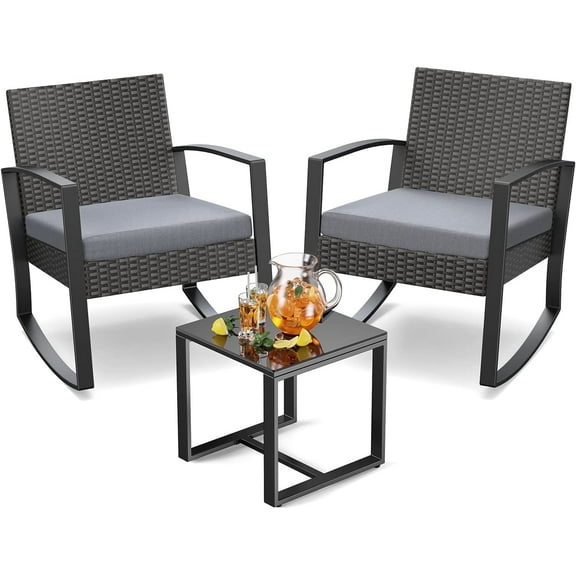 Patio Furniture Set Clearance, 3 Pieces Rocking Wicker Chair with Soft Cushion and Glass Coffee Table, for Garden, Balcony, Backyard, Gray