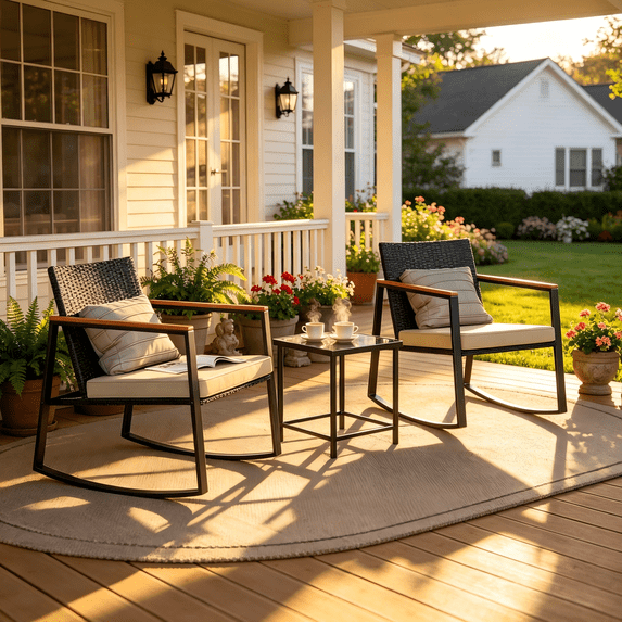 Lofka 3 Piece Patio Furniture Set, All Weather Wicker Outdoor Rocking Chair Set with Thick Soft Cushions and Tempered Glass Coffee Table, Outdoor Seating Set for Backyard Balcony Porch Garden, Beige