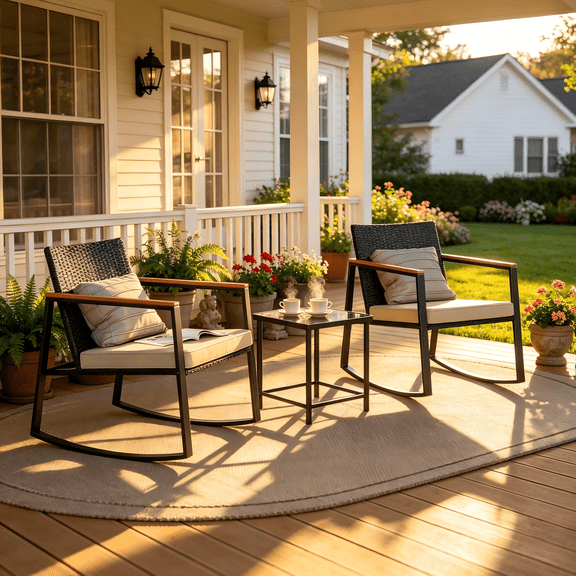 Lofka 3 Piece Patio Furniture Set, All Weather Wicker Outdoor Rocking Chair Set with Thick Soft Cushions and Tempered Glass Coffee Table, Outdoor Seating Set for Backyard Balcony Porch Garden, Beige