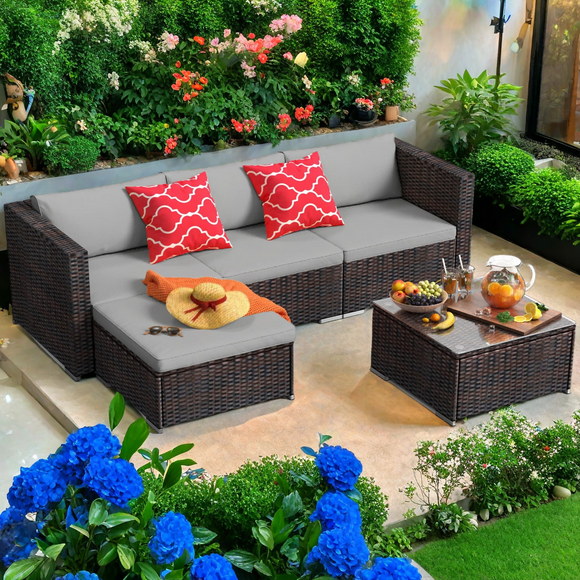 Patio Furniture Set Clearance, 5 Pieces Outdoor Conversation Set with Wicker Sofa Set and Tempered Glass Table for Garden & Backyard, Gray