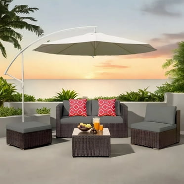 Patio Furniture Set Clearance, 5 Pieces Sectional Outdoor Sofa Chairs, All Weather PE Garden Wicker Rattan Patio Seating Sofas with Cushion, Glass Table, 2 Pillows(Gray)