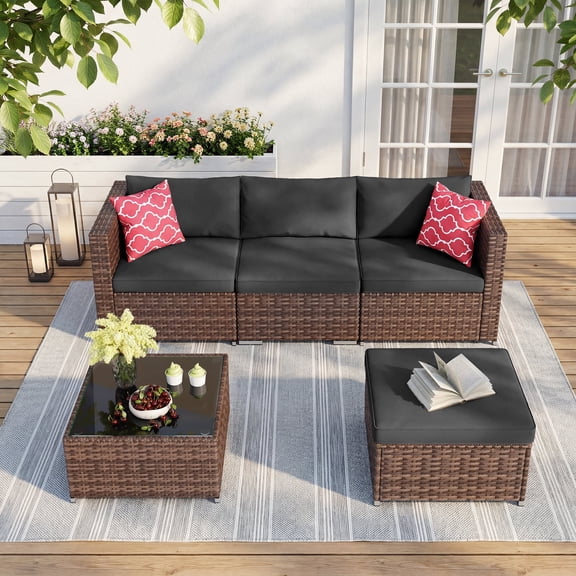 Lofka 5-Piece Outdoor Patio Furniture Set, Wicker Conversation Set with Coffee Table & Removable Cushions, Weather Resistant for Yard Poolside, Black