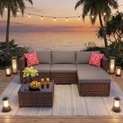 Lofka 5 Pieces Patio Furniture Set with Wicker Sofa and Tempered Glass Table for Outdoor | Backyard in Gray