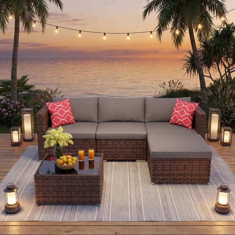 Lofka 5 Pieces Patio Furniture Set with Wicker Sofa and Tempered Glass Table for Outdoor | Backyard in Gray