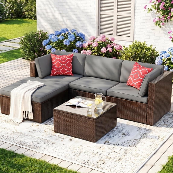 Lofka 5 Pieces Patio Furniture Set with Wicker Sofa and Tempered Glass Table for Outdoor | Backyard in Gray