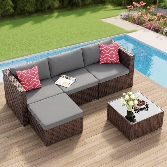 Aiho All-Weather 5 Pieces Outdoor Sectional Sofa with PE Rattan, Outdoor Patio Furniture Set with Soft Cushions and Coffee Table, For Backyard, Porch, Balcony, Poolside, Garden, Patio-Gray