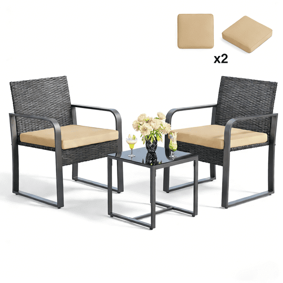 Lofka Patio Table and Chairs Set, Rattan Outdoor Furniture Set for Backyard & Porch, Beige Cushion