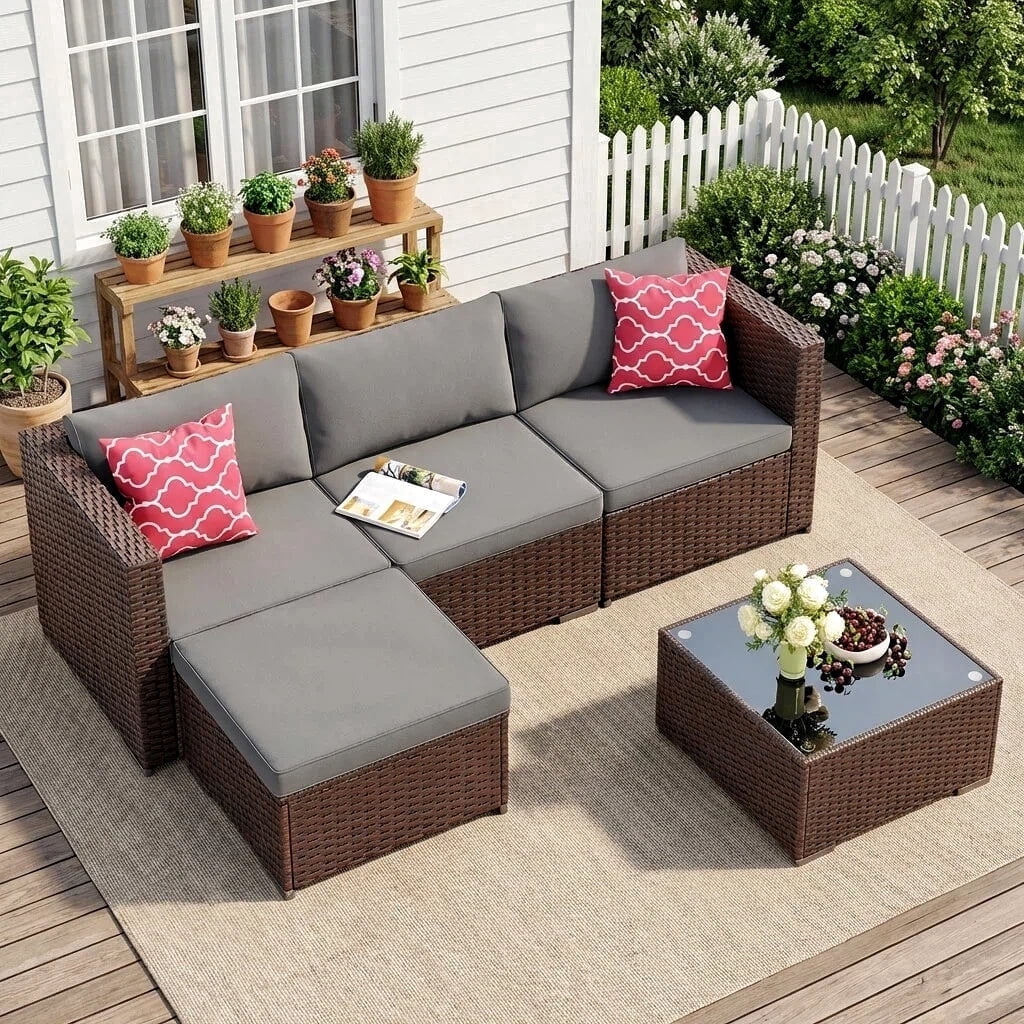 Patio Furniture Set Clearance - Lofka 5-Piece All Weather PE Wicker Outdoor Conversation Set with Removable Washable Cushions, Tempered Glass Table and Pillows, Gray