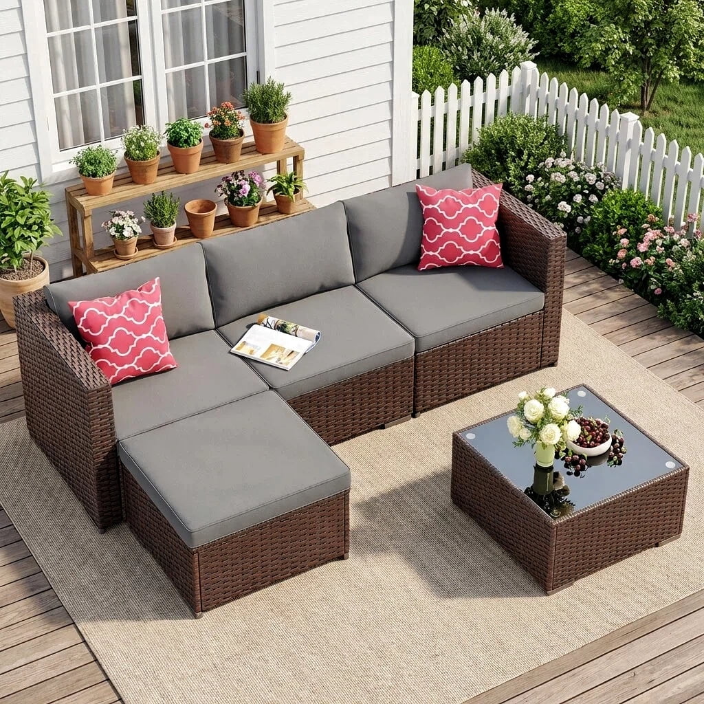 Patio Furniture Set Clearance - Lofka 5-Piece All Weather Wicker Patio Conversation Set with Removable Cushions, Tempered Glass Table, 2 Pillows, Gray - Walmart.com