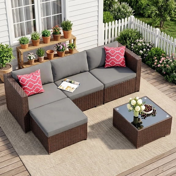 Patio Furniture Set Clearance - Lofka 5-Piece All Weather Wicker Patio Conversation Set with Removable Cushions, Tempered Glass Table, 2 Pillows, Gray