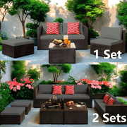 Patio Furniture Set Clearance, Lofka 5 Pieces Wicker Outdoor Conversation Set with Removable Cushions, Glass Bistro Coffee Table, 2 Pillows, Gray