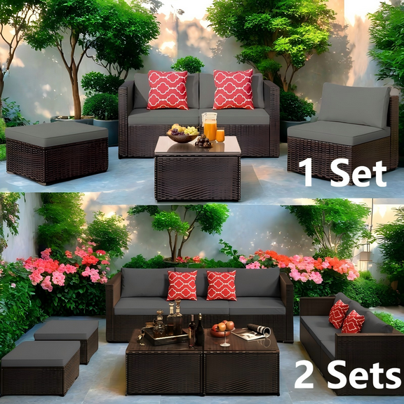 Patio Furniture Set Clearance, Lofka 5 Pieces Wicker Outdoor Conversation Set with Removable Cushions, Glass Bistro Coffee Table, 2 Pillows, Gray