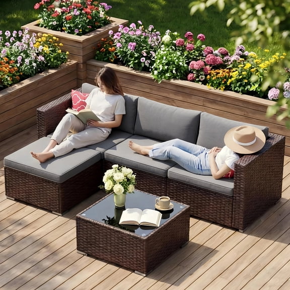 Patio Furniture Set Clearance - Lofka 5-Piece All Weather PE Wicker Outdoor Conversation Set with Removable Washable Cushions, Tempered Glass Table and Pillows, Gray