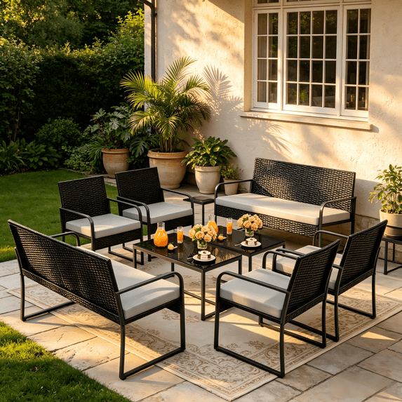 Lofka 8-Piece Patio Furniture Set, All-Weather Wicker Conversation Set with 2 Loveseats, 4 Chairs, 2 Glass Coffee Tables, Outdoor Furniture for Backyard, Balcony, Deck, Porch, Gray
